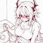  ahoge arknights breasts caffichai cleavage closed_mouth collarbone commentary crying english_commentary food food_on_body hair_between_eyes hair_intakes highres holding holding_spoon horns ice_cream large_breasts long_hair pillow pink_eyes pointy_ears spoon spot_color surtr_(arknights) tears upper_body white_background 