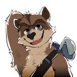 2026 anthro black_nose blue_eyes brown_body brown_fur digital_drawing_(artwork) digital_media_(artwork) dreamworks fangs fur golf_bag golf_club half-length_portrait hand_behind_head hollonut looking_at_viewer male mammal open_mouth over_the_hedge portrait procyonid raccoon rj_(over_the_hedge) simple_background smile solo sparkles sticker teeth whiskers