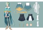  1girl absurdres aqua_background aqua_capelet aqua_eyes aqua_hair argyle_print arm_warmers black_legwear black_skirt boots character_sheet chinese_commentary collared_capelet commentary_request full_body grey_shirt hands_on_lap hands_together hatsune_miku headphones highres key_asan looking_at_viewer miniskirt necktie shirt skirt smile solo standing thighhighs vocaloid yellow_neckwear zettai_ryouiki 