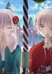  brown_hair closed_eyes grey_hair hair_ornament hair_over_one_eye hairpin heaven_burns_red izumi_yuki_(heaven_burns_red) japanese_clothes kayamori_ruka kimono praying red_eyes short_hair shrine shrine_bell uyuki_(ouun) yukata 