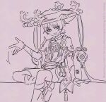  1boy apollo_hotori arm_at_side armor blunt_ends bodysuit choppy_bangs commentary_request frilled_sleeves frills furisode genshin_impact hand_up hat japanese_armor japanese_clothes jewelry jingasa juban kimono kote layered_sleeves looking_at_viewer male_focus mandarin_collar mitsudomoe_(shape) neck_ring open_clothes open_hand open_kimono open_mouth rope royal_ease sash scaramouche_(genshin_impact) sepia shimenawa short_sleeves shorts sitting sketch solo tassel tomoe_(symbol) tsurime v-shaped_eyebrows 