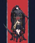  1boy 1girl aiguillette arm_rest armchair bandage_on_face bandages bandages_over_mouth belt black_belt black_boots black_cape black_choker black_eyes black_gloves black_hair black_hat black_necktie black_shorts blonde_hair blood blood_on_weapon blue_border blue_eyes boots border buttons can25orp cape chair choker closed_mouth collared_shirt covered_mouth double-breasted finger_on_trigger front-to-back full_body fur-trimmed_cape fur_trim gloves grey_jacket grey_pants grey_shirt gun hair_between_eyes hand_on_headwear hand_on_weapon handgun hat heterochromia highres holding holding_gun holding_scythe holding_weapon isaac_foster jacket knee_boots knees_together_feet_apart lace-up_boots legs_apart long_hair long_hair_between_eyes long_sleeves looking_at_viewer male_focus military_hat military_uniform necktie outside_border pants pants_tucked_in peaked_cap pillarboxed rachel_gardner red_background sam_browne_belt satsuriku_no_tenshi scythe shirt short_hair short_shorts shorts sideways_glance signature simple_background sitting sleeve_cuffs standing thigh_strap weapon yellow_eyes 