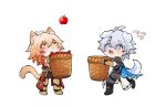  2boys animal_ears antenna_hair apple arm_tattoo armlet armor armored_boots basket black_boots black_coat black_gloves black_pants black_shirt blonde_hair blue_eyes blush_stickers boots braid cat_boy cat_ears cat_tail chest_tattoo coat commentary dog_boy dog_ears dog_tail earrings facial_tattoo fingerless_gloves food fruit gauntlets gloves gold_earrings gold_necklace gradient_hair holding holding_basket honkai:_star_rail honkai_(series) jewelry lin_(chuuchuyi) male_focus medium_hair multicolored_hair multiple_boys mydei_(honkai:_star_rail) necklace open_clothes open_coat pants parted_bangs pauldrons phainon_(honkai:_star_rail) red_hair red_tattoo shirt short_hair shoulder_armor side_braid single_pauldron tail tattoo transparent_background untranslatable_commentary white_coat white_hair yellow_eyes 