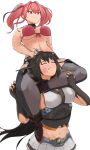  2girls ankle_boots azur_lane bangs bare_shoulders belt bikini black_choker black_footwear black_gloves black_hair black_shorts blue_legwear boots breasts bremerton_(azur_lane) bruise bruise_on_face choker cleavage clenched_teeth commentary_request commission cowboy_shot crossover elbow_gloves eyebrows_visible_through_hair fingerless_gloves floating_hair front-tie_bikini front-tie_top full_body gloves grey_belt grey_hair grey_legwear groin hair_between_eyes hair_intakes hand_on_another&#039;s_head headgear highres injury kantai_collection large_breasts lifebuoy_ornament long_hair looking_at_another medium_breasts midriff miniskirt mole mole_under_eye multicolored_hair multiple_girls nagato_(kancolle) navel pink_bikini pink_eyes pink_hair pleated_skirt ryona short_shorts shorts sidelocks simple_background skeb_commission skirt smile standing stomach streaked_hair submission_hold sweat swimsuit tears teeth thighhighs tuzi717 twintails two-tone_hair two-tone_legwear underboob white_background wrestling 