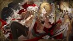  2girls 5boys absurdres ahoge armor armored_dress artoria_pendragon_(fate) blonde_hair braid breastplate breasts brown_pantyhose caliburn_(fate) cloak commentary_request crown dress fate/grand_order fate_(series) faulds feijiu fur-trimmed_cloak fur_trim galahad_(fate) gauntlets gawain_(fate) gold_armor gold_trim green_eyes hair_bun hair_ribbon highres knights_of_the_round_table_(fate) long_hair long_sleeves looking_at_viewer lord_logres_(fate) lord_logres_(first_ascension)_(fate) medium_breasts merlin_(fate) mordred_(fate) mordred_(fate/apocrypha) multiple_boys multiple_girls pantyhose percival_(fate) portrait_(object) red_cloak ribbon sidelocks sword tristan_(fate) weapon white_dress white_ribbon 