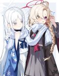  2girls ahoge amaton707 ayame_(blue_archive) black_sailor_collar black_serafuku black_skirt blonde_hair blue_archive blue_haori blush braid closed_mouth colored_eyelashes grey_eyes grey_serafuku hair_ornament halo haori haori_on_shoulders heterochromia japanese_clothes long_hair long_sleeves looking_at_another multiple_girls nagusa_(blue_archive) neckerchief official_alternate_design official_alternate_eye_color open_mouth parted_bangs pleated_skirt purple_eyes red_halo red_neckerchief sailor_collar scarf school_uniform serafuku shared_clothes shared_scarf simple_background single_braid skirt smile snowflake_hair_ornament snowflake_halo white_eyelashes white_eyes white_hair white_halo white_scarf white_serafuku white_skirt wide_sleeves yellow_eyes 