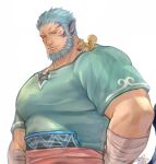  1boy animal_ears bandages bara beard blue_hair blue_shirt blush cross-laced_clothes facial_hair fire_emblem highres ina_zuma large_pectorals male_focus mature_male mordecai_(fire_emblem) muscular muscular_male on_shoulder pectorals shirt short_hair smile solo squirrel tiger_boy tiger_ears upper_body v-neck white_background 