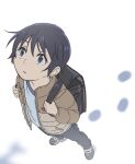  1boy backpack bag black_bag black_eyes black_hair black_pants blue_shirt boku_dake_ga_inai_machi brown_jacket child commentary_request fujinuma_satoru holding_strap jacket looking_up male_focus official_style open_mouth pants randoseru satou6565 shirt shoes short_hair solo winter_clothes 