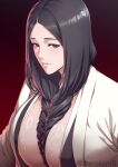  1girl between_breasts black_eyes black_hair black_kimono bleach braid breasts commentary_request hair_between_breasts haori highres japanese_clothes kimono large_breasts long_hair looking_at_viewer parted_bangs solo taichou_haori unohana_retsu white_haori zucchini 