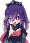  1girl black_kimono commentary highres hyakkihime japanese_clothes kimono long_hair looking_at_viewer open_mouth purple_eyes purple_hair simple_background solo user_nfmx7434 v white_background youkai_(youkai_watch) youkai_watch 