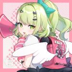  1girl arm_warmers bandaid bandaid_hair_ornament black_skirt blush border earrings fang from_behind green_eyes green_hair hair_ornament highres holding holding_megaphone jewelry looking_at_viewer looking_back megaphone multiple_hair_clips musical_note_earrings open_mouth pink_arm_warmers pink_bag pink_border ponytail shirt skin_fang skirt solo striped_arm_warmers sunna_(zenless_zone_zero) upper_body white_shirt white_wings winged_bag wings yu_ri_0320 zenless_zone_zero 