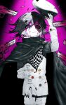  1boy absurdres arm_behind_back arm_up bandana bandana_around_neck black_cloak black_hair black_hat blood blood_from_forehead blood_from_mouth buttons checkered_bandana chromatic_aberration cloak collared_cloak colored_skin commentary confetti cowboy_shot crazy_smile danganronpa_(series) danganronpa_v3:_killing_harmony double-parted_bangs downturned_eyes flipped_hair gun hair_between_eyes handgun hat hat_tip highres holding holding_unworn_clothes holding_unworn_hat jacket long_sleeves looking_at_viewer male_focus no_nose oma_kokichi pants peaked_cap pink_background pink_blood purple_eyes recurring_image short_hair smile solo spotlight standing torn_clothes torn_jacket unworn_hat unworn_headwear weapon white_jacket white_pants white_skin zhamaooooooo 