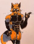 absurd_res anthro athletic canid canine colored_pencil_(artwork) demon drugs ear_piercing fable_foxglove facial_piercing feral flaccid fox fur genitals hi_res ink male male/male mammal marijuana multiple_piercings nose_piercing orange_body orange_fur penis piercing smoking smoking_marijuana solo standing stretchy_foxglove traditional_media_(artwork)