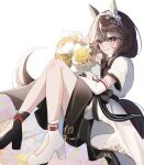  1girl animal_ears asymmetrical_footwear blush bouquet braid braided_sidelocks breasts brown_hair closed_mouth commentary curren_bouquetd'or_(umamusume) dress ear_covers elbow_gloves flower gloves grey_eyes hair_between_eyes hairband holding holding_bouquet horse_ears horse_girl horse_tail long_braid long_hair low_twin_braids mismatched_ear_covers mismatched_footwear multicolored_hair short_sleeves simple_background smile solo streaked_hair tail twin_braids umamusume white_background white_streaks yume_30_31 