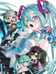  1girl aqua_hair aqua_nails aqua_necktie bare_shoulders blue_hair chibi detached_sleeves green_hair hair_between_eyes hatsune_miku highres holding holding_megaphone long_hair looking_at_viewer megaphone miku_day nail_polish necktie saika_usagi senbonzakura_(vocaloid) sidelocks solo vampire_(vocaloid) vocaloid white_background 