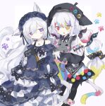  2girls animal animal_ears beret black_cat black_jacket blue_dress blue_hairband bow cat cat_ears cat_girl cat_tail commentary dress feet_out_of_frame frilled_dress frills gothic_lolita hairband hat heterochromia highres holding holding_animal holding_cat jacket jogasaki_noah kemonomimi_mode lolita_fashion lolita_hairband long_hair long_sleeves mahou_shoujo_no_majo_saiban multi-tied_hair multicolored_hair multiple_girls natsume_an-an neck_ribbon open_mouth paw_print polka_dot polka_dot_bow purple_eyes ribbon sleeves_past_fingers sleeves_past_wrists smile streaked_hair tail very_long_hair white_hair wusem0108 yellow_eyes 