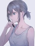 1girl bangs bare_shoulders blue_eyes breasts collarbone hair_between_eyes highres holding holding_stylus open_mouth original ponytail shichi_(ratorin53) shirt sidelocks simple_background small_breasts solo stylus sweat sweatdrop tank_top tied_hair white_background white_shirt 
