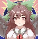  black_sun bow brown_eyes brown_hair captaineugene closed_mouth collared_shirt frilled_shirt_collar frills hair_bow highres long_hair puffy_sleeves reiuji_utsuho shirt smile sun third_eye touhou white_shirt wings 