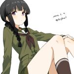  1girl absurdres bigkwl blunt_bangs blush brown_neckerchief brown_socks closed_mouth commentary dated dated_commentary feet_out_of_frame green_sailor_collar green_serafuku green_shirt green_skirt hand_on_own_knee highres kantai_collection kitakami_(kancolle) knees_up long_sleeves looking_at_viewer miniskirt neckerchief one-hour_drawing_challenge purple_eyes sailor_collar school_uniform serafuku shirt sidelocks simple_background sitting skirt socks solo striped_clothes striped_socks twitter_username white_background 