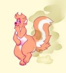 ambiguous_farting ambiguous_gender anthro belly_blush big_butt blush body_blush butt chest_tuft claws doughnutholes fart fart_cloud finger_claws fur green_fart_cloud hi_res looking_back mammal mephitid narrowed_eyes nonbinary_(lore) nude nude_ambiguous nude_anthro on_one_leg orange_body orange_fur pink_eyes raised_tail simple_background skunk skunktember solo standing tail toe_claws tuft white_body white_fur yellow_background