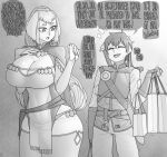  1boy 1girl bag belt breasts bridal_gauntlets ekz_(robotekz) english_text eyebrows_visible_through_hair greyscale hand_on_own_chest highres huge_breasts long_hair monochrome open_mouth patch shopping_bag skin_tight sound_effects sword thighhighs weapon 