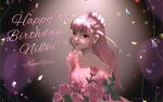  1girl artist_name bare_shoulders bead_necklace beads blossoming_impression_(shining_nikki) bouquet brown_eyes character_name commentary confetti dress earrings english_commentary english_text eyelashes falling_petals flower hair_bun happy happy_birthday highres holding holding_bouquet jewelry kana_ying light_blush lipstick long_hair looking_ahead makeup necklace nikki_(nikki) nikki_(series) nostrils off-shoulder_dress off_shoulder parted_lips petals pink_background pink_dress pink_flower pink_hair pink_rose pink_theme pointy_nose red_lips rose shining_nikki short_sleeves single_hair_bun smile solo spotlight upper_body wavy_hair 