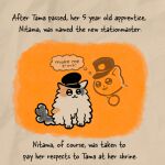 ambiguous_gender calico_cat calico_pattern caroline_quach clothing deity domestic_cat duo english_text exploding_kittens felid feline felis female_(lore) feral fluffy fluffy_tail hat headgear headwear honorary_eternal_stationmaster_tama kepi low_res mammal medallion official_art paws sitting stationmaster_nitama tail text thought_bubble uniform wakayama_electric_railway_co_ltd wearing_hat