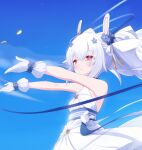  1girl animal_ears azur_lane blue_sky bouquet cloud commentary_request dress fur-trimmed_gloves fur_trim gloves highres laffey_(azur_lane) laffey_(white_rabbit's_oath)_(azur_lane) long_hair outdoors petticoat ponytail rabbit_ears red_eyes sky sleeveless sleeveless_dress solo standing throwing wedding_dress white_dress white_gloves white_hair windmill z-wumi 