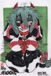 absurd_res anthro bell bell_harness big_breasts blush bovid bovine bow_ribbon box breasts cattle christmas christmas_clothing christmas_headwear clothed clothing collar container cowbell drawing ear_piercing embarrassed female gift gift_bow gift_box gift_wrapped green_background green_eyes green_hair hair harness hat headgear headwear hi_res holidays holstein_friesian_cattle japanese_text jingle_bell jingle_bell_harness mammal mootsncompany mumei_(mootsncompany) partially_clothed piercing ribbons santa_hat simple_background sketch solo tail text traditional_media_(artwork)