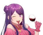  1girl alcohol bare_shoulders chloria77 clothing_cutout commentary_request cup dress drinking_glass fangs gloves hair_bun highres holding holding_cup hoshino_ai korean_commentary long_hair looking_at_viewer one_eye_closed open_mouth oshi_no_ko parted_bangs pink_dress pink_gloves purple_eyes purple_hair shoulder_cutout simple_background single_hair_bun smile solo star-shaped_pupils star_(symbol) symbol-shaped_pupils tongue tongue_out upper_body white_background wine wine_glass 
