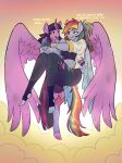 absurd_res anthro bridal_carry carrying_another clothing cloud collared_shirt dirty dirty_clothing dress_shirt duo equid equine female female/female flying friendship_is_magic hasbro hi_res horn hug large_wings makaryo mammal my_little_pony mythological_creature mythological_equine mythology pegasus rainbow_dash_(mlp) shirt stirrup_legwear topwear twilight_sparkle_(mlp) winged_unicorn wings