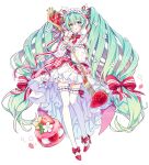  1girl apron blush commentary_request dessert detached_sleeves dress fingernails flower food fork frilled_apron frilled_hairband frills fruit full_body green_eyes green_hair hair_between_eyes hair_flower hair_ornament hair_ribbon hairband hatsune_miku highres holding holding_fork long_hair long_sleeves maid_apron maid_headdress miku_day musical_note musical_note_print musical_staff musical_staff_print open_mouth oversized_fork oversized_object red_ribbon ribbon rumi_(rarumi11) simple_background sleeveless sleeveless_dress smile solo strawberry strawberry_slice twintails very_long_hair vocaloid white_apron white_background white_dress white_sleeves 