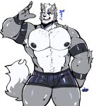  1boy abs absurdres animal_ears armband armpit_hair artist_logo bara bulge chest_hair eyepatch facial_hair feet_out_of_frame furry furry_male graysheartart grey_fur highres large_pectorals logo looking_to_the_side male_focus mature_male muscular muscular_male navel navel_hair nipples pectorals salute scar scar_across_eye scar_on_face short_hair shorts smile solo star_fox stomach strongman_waist tail thick_arms thick_eyebrows thick_thighs thighs topless_male wolf_boy wolf_ears wolf_o'donnell wolf_tail 