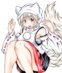  1girl absurdres animal_ear_hood animal_ears arms_up black_skirt black_trim breasts commentary_request detached_sleeves double-parted_bangs fang feet_out_of_frame highres hood hood_up hooded_shirt inte_(whitewolftail) inubashiri_momiji knees_together_feet_apart knees_up large_breasts light_blush long_sleeves looking_at_viewer medium_hair open_mouth pom_pom_(clothes) red_eyes red_ribbon red_skirt ribbon ribbon-trimmed_sleeves ribbon_trim sarashi shirt sideboob simple_background sitting skirt smile solo tail touhou two-tone_skirt white_background white_hair white_hood white_shirt wide_sleeves wolf_ears wolf_girl wolf_tail 