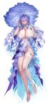  1girl adapted_costume alternate_breast_size_(larger) ass_visible_through_thighs blue_flower bra breasts cantarella_(wuthering_waves) chinese_commentary closed_mouth commentary_request facial_mark fingernails flower full_body garter_straps hair_between_eyes hair_flower hair_ornament headdress high_heels holding holding_umbrella huge_breasts lace-trimmed_thighhighs lace_trim long_fingernails looking_at_viewer mark_under_eye mole mole_under_eye nail_polish panties parasol purple_nails purple_umbrella shoes shrug_(clothing) single_garter_strap single_thighhigh smile solo thighhighs thighs tsuki_no_i-min umbrella underwear white_bra white_garter white_panties white_shoes white_shrug white_thighhighs wuthering_waves 
