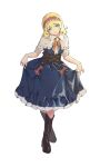 1girl alice_margatroid blonde_hair blue_dress blue_eyes boots bow breasts brown_boots brown_corset capelet closed_mouth clothes_lift commentary_request corset crossed_ankles dress frilled_hairband frilled_skirt frilled_sleeves frills full_body hairband handong_luhuo head_tilt highres leaning_forward looking_at_viewer medium_breasts neck_ribbon puffy_short_sleeves puffy_sleeves red_bow red_hairband red_ribbon ribbon shirt short_hair short_sleeves simple_background skirt skirt_lift solo touhou white_background white_capelet white_shirt 