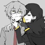  1boy 1girl benjamin_(project_moon) binah_(project_moon) black_cape black_dress black_eyes black_hair cape collared_shirt dress glasses green_eyes grey_background grey_shirt highres lobotomy_corporation necktie parted_lips project_moon red_necktie red_pupils shirt simple_background smile upper_body yellow_trim yiran_022214 