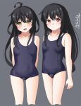  2girls ahoge black_hair blue_swimsuit blush breasts collarbone cowboy_shot eyebrows_visible_through_hair gradient gradient_background grey_background hair_between_eyes hatsushimo_(kancolle) highres ishida_arata kantai_collection long_hair low-tied_long_hair mikazuki_(kancolle) multiple_girls old_school_swimsuit open_mouth red_eyes school_swimsuit small_breasts smile swimsuit twitter_username yellow_eyes 