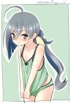  1girl :t ahoge border camisole camisole_pull cowboy_shot dated green_background green_camisole green_panties grey_eyes grey_hair hair_between_eyes hair_bun kantai_collection kiyoshimo_(kancolle) looking_at_viewer low_twintails one-hour_drawing_challenge panties pout ray.s signature solo twintails underwear underwear_only white_border 