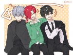  3boys :d arm_garter arrow_(symbol) black_cloak black_gloves black_hair black_jacket black_necktie black_pants blush cardigan cloak collared_shirt commentary cowboy_shot crossed_arms dress_shirt fang gloves green_cardigan grey_hair hair_over_one_eye hands_up happy highres jacket jacket_on_shoulders kobayashi_luca kuchinashi_dabi lapels leaning_on_person leaning_to_the_side male_focus mole mole_under_eye multiple_boys necktie one_eye_covered oshi_no_taisetsuna_hito_ni_narikawaru pants ponytail prfhi8 red_hair sharp_teeth shirt sitting skin_fang sleeping smile teeth tonimura_yui untranslatable_commentary untucked_shirt white_shirt zzz 