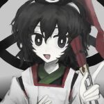  1other androgynous black_eyes black_hair black_hat black_kimono bright_pupils chinese_commentary commentary_request detached_sleeves dot_nose eye_of_senri grey_background hair_between_eyes hand_on_own_chest happy hat hat_ribbon holding holding_rod iett9302 japanese_clothes kariginu kimono len'en long_sleeves looking_at_viewer open_mouth other_focus red_ribbon ribbon rod senri_tsurubami short_hair smile solo tate_eboshi upper_body white_pupils white_sleeves wide_sleeves 