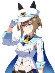  1girl animal_ears ascot blue_cape blue_eyes brown_hair cape cheval_grand_(grand_itineraire)_(umamusume) cheval_grand_(umamusume) commentary hair_between_eyes hat hat_belt highres horse_ears horse_girl jacket looking_at_viewer multicolored_hair navel neko_reina peaked_cap simple_background solo streaked_hair umamusume upper_body white_background white_hair white_hat white_jacket yellow_ascot 