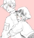 1boy 1girl :d ae-3803 badge baseball_cap black_shirt blush blush_stickers button_badge cabbie_hat commentary couple cropped_jacket front_to_back grey_eyes hair_over_one_eye happy hat hataraku_saibou height_difference hug hug_from_behind jacket looking_at_another looking_back open_mouth partially_colored pink_background red_blood_cell_(hataraku_saibou) shirt short_hair simple_background sketch smile syu u-1146 white_blood_cell_(hataraku_saibou) yellow_eyes 