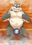 anthro canid canine canis censored claws detailed_background domestic_dog haranvogo hi_res japanese_text lifewonders looking_at_viewer male mammal moritaka_(tas) musclegut muscular muscular_male navel one_eye_closed sauna scar shiba_inu solo spitz tail text tokyo_afterschool_summoners wink winking_at_viewer