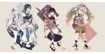  4boys :d absurdres arms_up bare_shoulders black_hair blue_eyes brothers clothing_request dark_blue_hair detached_sleeves earrings flower full_body hair_between_eyes hair_flower hair_ornament highres holding iwakiyamayukisatoshironanogojuurokushi_akira iwakiyamayukisatoshironanogojuurokushi_yui japanese_clothes jewelry kemono_jihen kneehighs kusaka_kabane light_brown_hair male_focus multiple_boys nail_polish nyazuta obi open_mouth otoko_no_ko red_eyes sandals sash siblings smile standing tademaru_shiki walking white_hair 