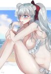  1girl animal_ears arknights armpits beach bikini blue_eyes blue_sky blush breasts cleavage cloud frilled_swimsuit frills from_behind grey_hair heterochromia highres knees_to_chest large_breasts letterboxed long_hair navel ocean open_mouth outline red_eyes red_ribbon ribbon rosa_(arknights) samiya_(hanakoro) side-tie_bikini signature sky solo swimsuit water wet white_bikini 