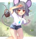  1girl alternate_costume animal_ears basket blue_shorts blush chidori_nekoro commentary_request commission contemporary denim falling_leaves grey_hair holding holding_with_tail jeans jewelry leaf looking_at_viewer mouse_(animal) mouse_ears mouse_girl mouse_tail nazrin necklace open_mouth pants pendant prehensile_tail red_eyes shirt short_sleeves shorts skeb_commission smile solo tail touhou watermark white_shirt 