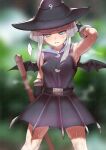  ... 1girl arm_up armpits bat_wings belt_buckle black_dress blurry blurry_background broom buckle dress gloves green_eyes hat highres looking_at_viewer magatama mahou_shoujo_tai_arusu sheila_(mahou_shoujo_tai_arusu) shiny shiny_hair short_hair silver_hair sleeveless speech_bubble steam sweat sweating_profusely thighs toppogi wings witch_hat 