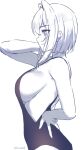  1girl arm_up bare_arms bare_shoulders breasts cowboy_shot from_side hair_intakes hand_on_hip highres kaetzchen large_breasts limited_palette one-piece_swimsuit original profile purple_eyes short_hair sideboob sidelocks sketch smile solo strap_gap swimsuit 