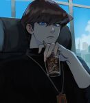  1boy arm_up black_shirt blue_eyes brown_hair card chair closed_mouth commentary_request cup drink drinking_straw highres holding holding_cup jewelry kaiba_seto korean_commentary long_sleeves looking_at_viewer male_focus necklace papaya0813 shirt short_hair sideburns sitting solo upper_body window yu-gi-oh! yu-gi-oh!_duel_monsters 